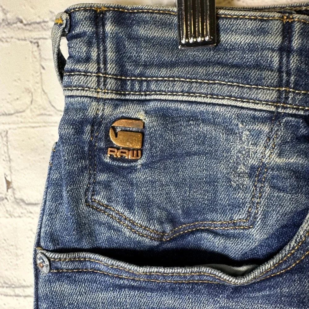 G-Star Raw 3301 Slim‎ Jeans Mens 35 Blue Medium Wash Distressed Denim Button Fly